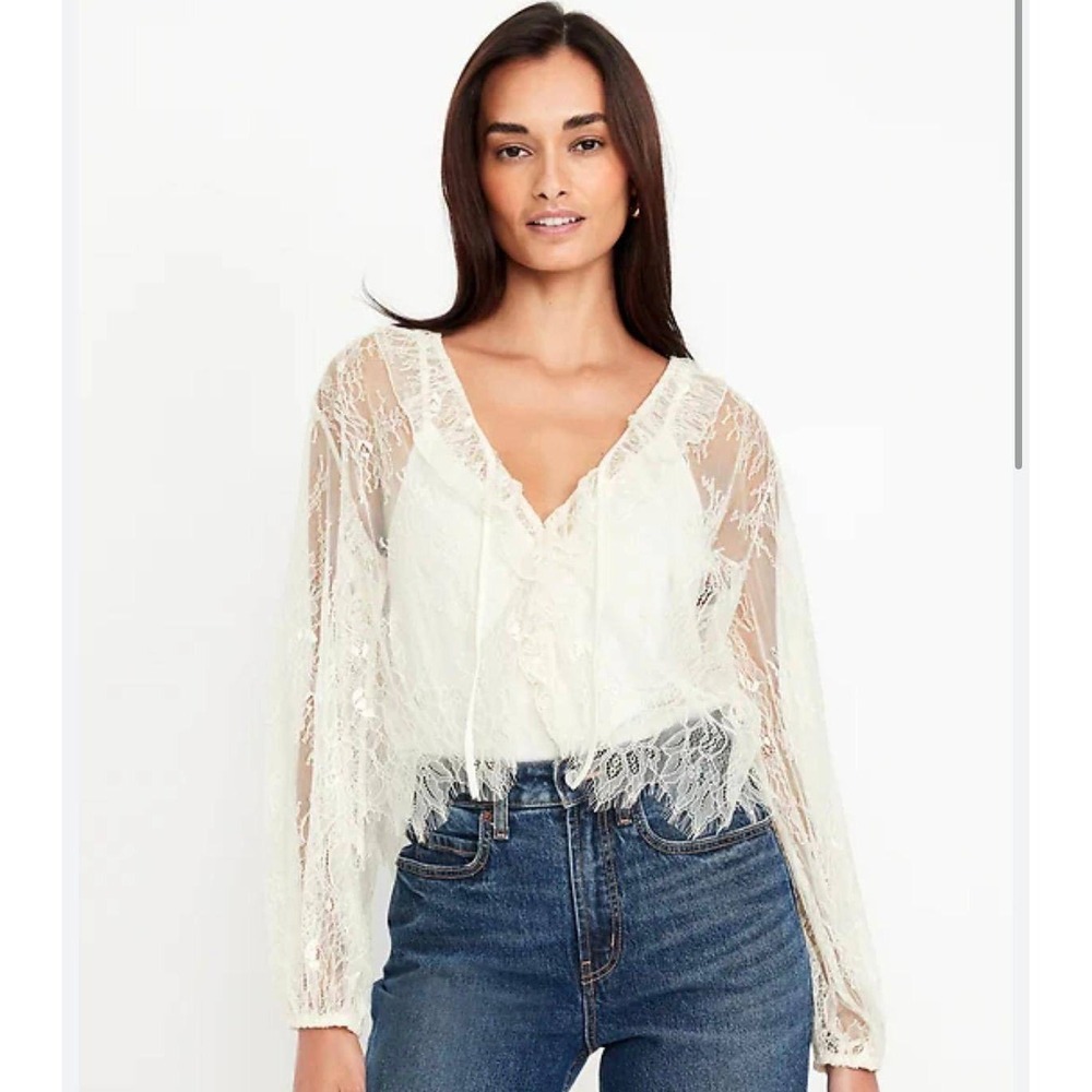 Old Navy Lace Ruffle V-Neck Long Sleeve Blouse Top with Cami Liner Ivory White L